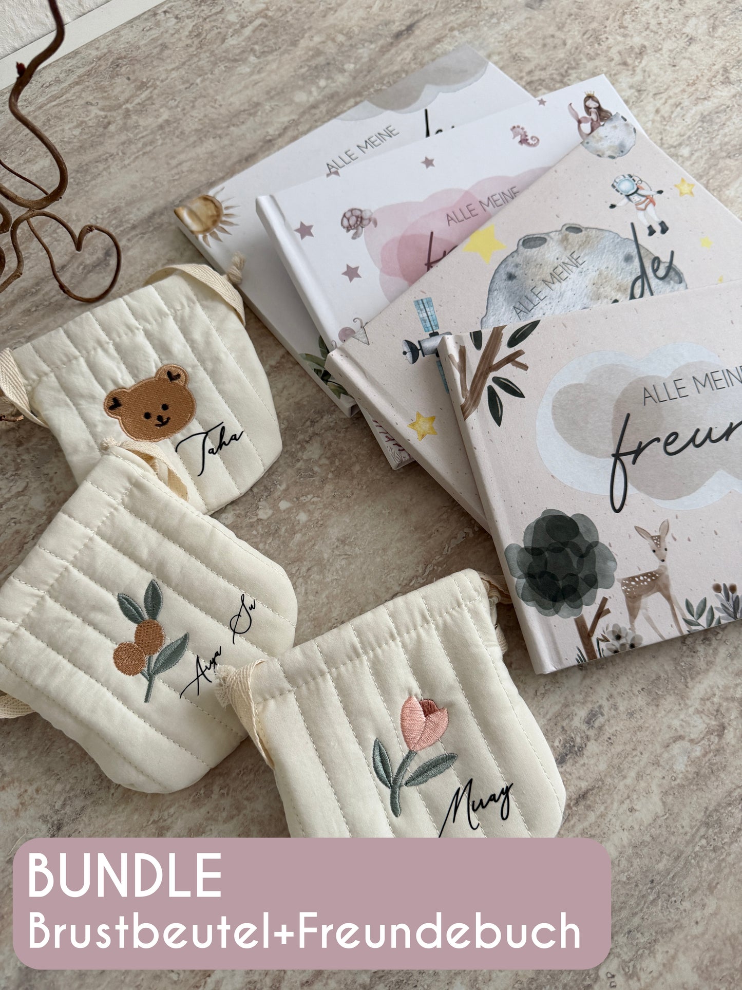 SET - Kinder Brustbeutel mit Namen & Freundebuch – Kindergarten Geschenk – personalisierte Umhängetasche – Einschulung