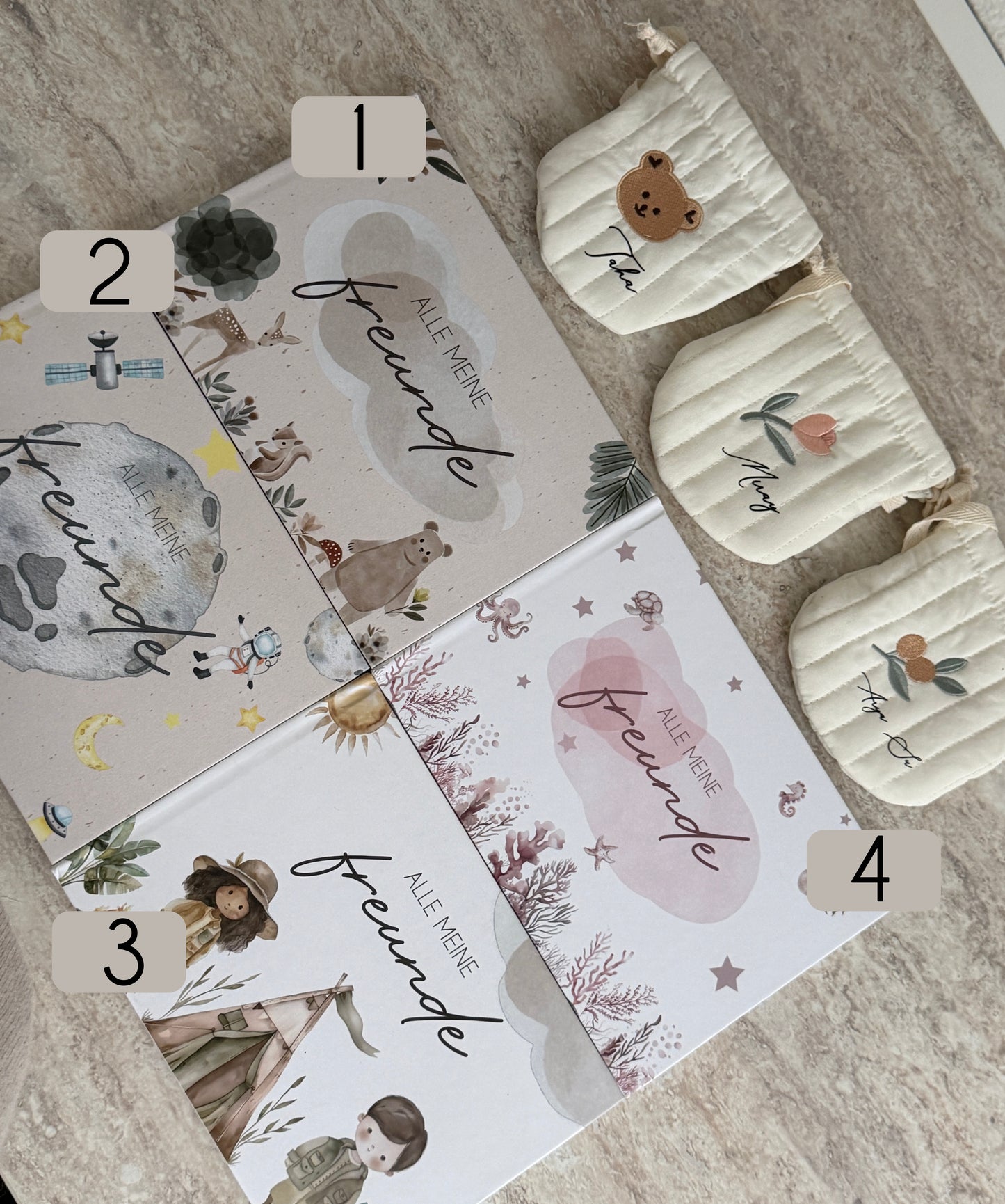 SET - Kinder Brustbeutel mit Namen & Freundebuch – Kindergarten Geschenk – personalisierte Umhängetasche – Einschulung